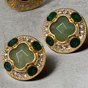 18k Gold Plated Clover Jade Emerald Pave Crystal Earrings